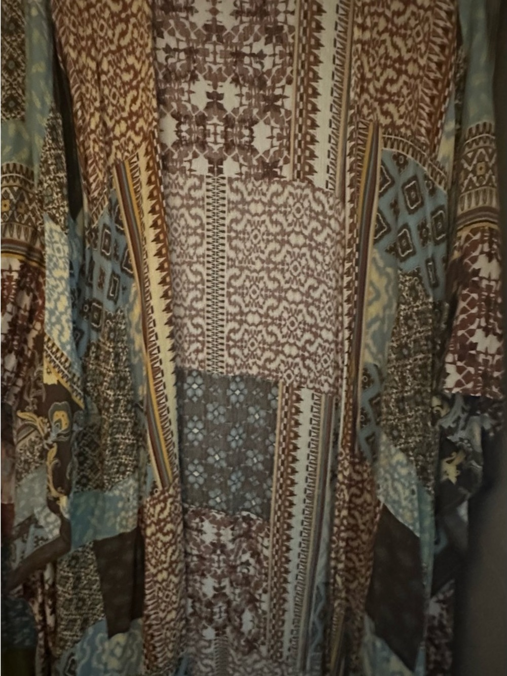Boho Patchwork Kimono/Duster in Brown and Blue patchwork print